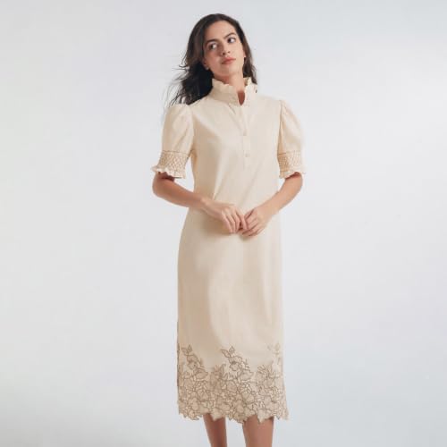 Image of Women's Summer Embroidered Midi Dress 2026 Button Down Short Sleeve Floral Shirt Dress