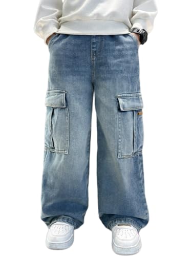Boys' Loose-fit Workwear Jeans, Fashionable Loose-fit Jeans with Multiple Practical Pockets, Suitable for Casual wear