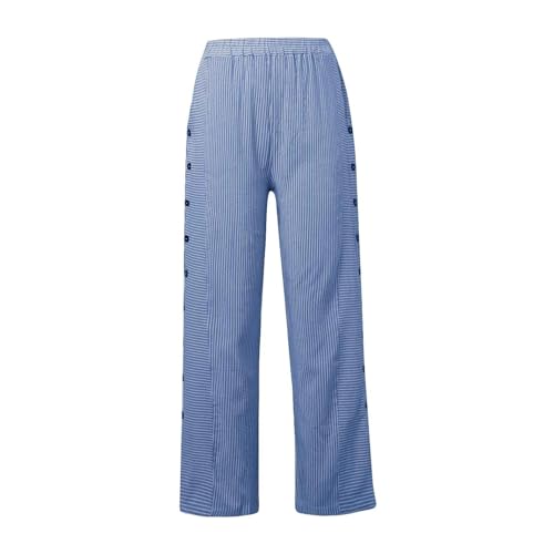 Women's Casual Pants Striped Side Button Elastic Waist Trendy Pants Straight Leg Baggy Summer Trousers with Pockets2