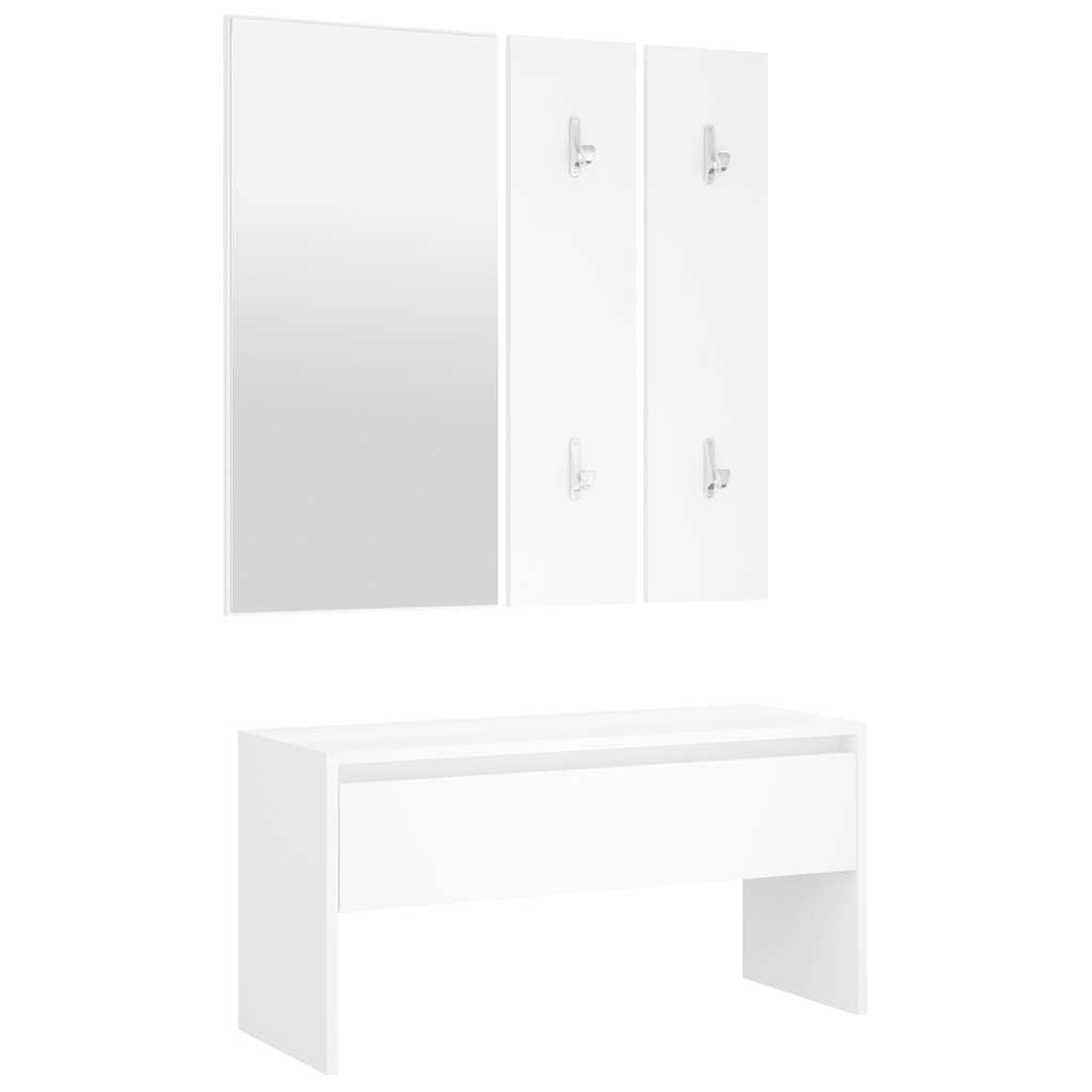 Juego de perchero de madera con espejo, color blanco | Banco de pasillo con cajón, caja de almacenamiento, jardinera, asiento hasta 110 kg
