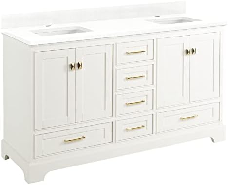 Signature Hardware 480741 Quen 60" Free Standing Double Vanity Set with Wood Cabinet, Vanity Top and Rectangular Undermount Vitreous China Sink - Single Faucet Hole - Soft White/Feathered White