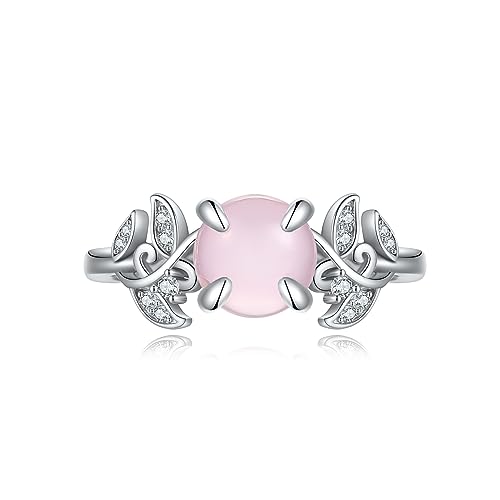 JERWLI Bague en quartz rose naturel en argent sterling 925 avec feuille de quartz rose pour femme, Argent sterling, Quartz rose
