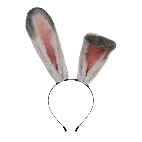 ILUFAM Handmade Faux Fur Rabbit Ears Headband Adjustable Bunny Ears Cosplay Headwear for Halloween Party Costume (Grey)