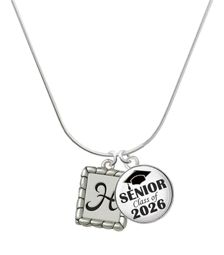 Delight Jewelry Silvertone Pebble Border Initial - H Senior Class of 2026 Dome Necklace, 18"
