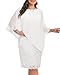 Pinup Fashion Women Plus Size White Dress Church Formal Elegant Cocktail Bridal Shower Lace Chiffon Cape Pencil Knee Length Dresses