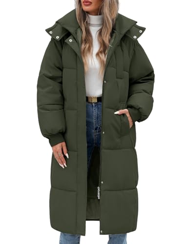 Vancavoo Wintermäntel Damen Lang Daunenmantel Winter Winterjacke Warm Steppmantel Jacke Mantel Daunenjacke Steppjacke mit Kapuze,Armeegrün,M
