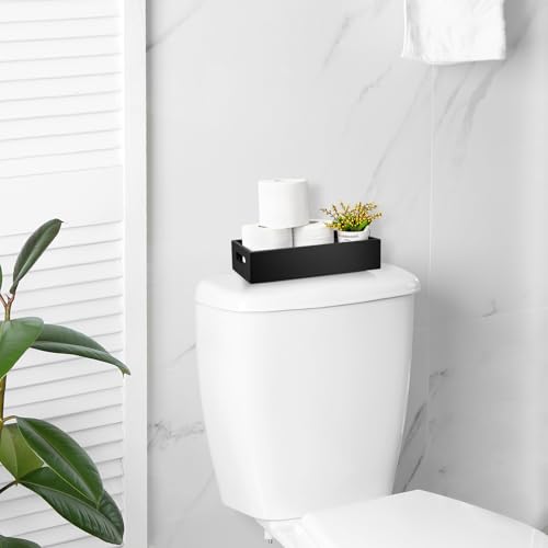ALELION Black Bathroom Basket - Rustic Wood Toilet Tank Paper Basket with Handle for Organizing - Back of Toilet Storage Organizer for Bathroom Tank Topper Counter - Black Bathroom Decor Box