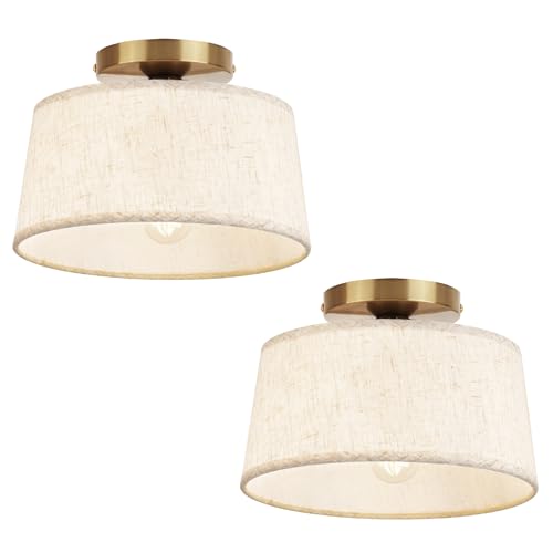 HILUXIA 2P Modern Ceiling Light Fixture 10 Inch Semi Flush Mount Lamp with Linen Shade E26 Base Gold for Kitchen Bedroom Hallway Closet Entryway Room Small Spaces 2 Pack