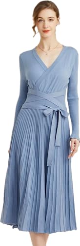 Image of Women's Long Sleeve Sweater Dress Ankle Length Fall Dress Vneck Knit Winter Dress