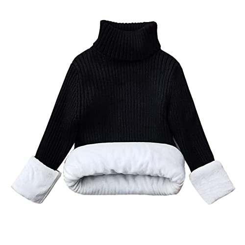 Yishengwan Garçon Fille Pull à Col Roulé Pull-Over Hiver Chaud Chandail Tricoté Manches Longues Noir(Doublure Chaude) 140 Cover