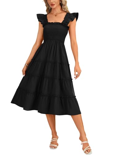 Rooscier Women's Square Neck Smocked Ruffle Sleeveless Sundress Tiered A Line Midi Dress4