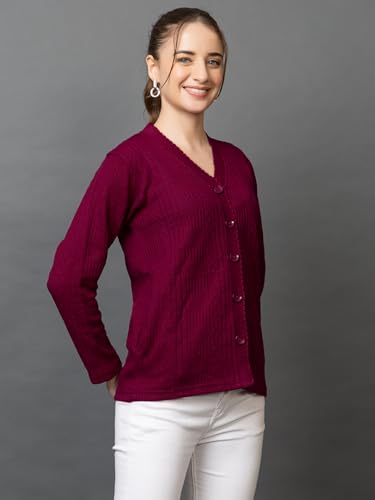 Image of Wear lusso Women's Woolen V-Neck Buttoned Full Sleeve Cardigan Self Design Soft Wool Fabric Winter Wear Pure Wool Sweater with Pockets Stylish Outdoor and Office Wear Girls