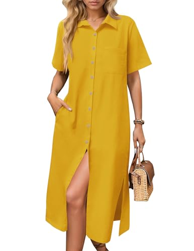 Image of HOTOUCH Womens Dress Summer Casual Midi Short Sleeve Button Down Shirt Dresses Loose Beach Cover Up with Pockets