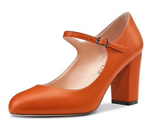 HEUIVZAR Women Pumps Mary Jane Round Toe Block Chunky Mid High Heel Ankle Strap Dress Shoes Office Party Wedding Matte 3 Inch