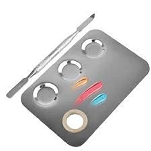 Image of Stainless Steel Cosmetic 3 Dip Makeup Mixing Plate with Spatula Tool for Women (Silver)