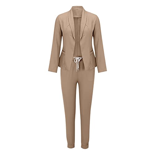 2 Piece Outfits for Women Classic Open Front Cardigan Jacket Blazer Drawstring Pants Suit Set for Work Business Casual3