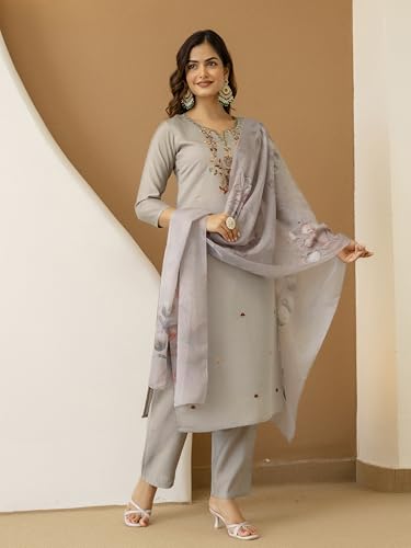 Image of TRENDMALLS Women's Chanderi Silk Embroidery Sequence Work Kurta Pant with Dupatta Ethnic Wear Salwar Suit Set For Women