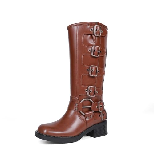DREAM PAIRS Women's Knee High Biker Moto Boots,Brown,6.5 - image 1