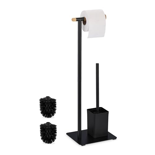 Image of Relaxdays WC Set, Bamboo, Stainless Steel, Free-Standing, incl. 2 Spare Heads, Toilet Roll & Brush Holder, Black /Natural, 64.5 x 22 x 18 cm