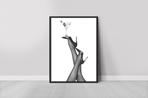 Art mural en toile noir et blanc Martini High Heels avec cadre intérieur premium