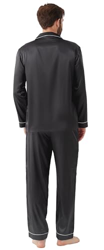 YIMANIE Mens Pajamas Silk Satin Pajamas for Men Soft Sleepwear Button Down Loungewear with Pockets Dark Grey