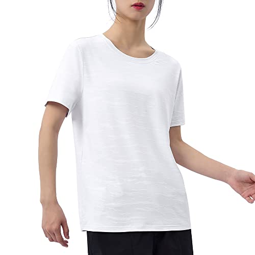 Meloo Women's Short Sleeve Running Shirts - Lightweight Quick Dry Athletic Shirts - Workout Training Sports Crewneck Tops White Size L #TOP1