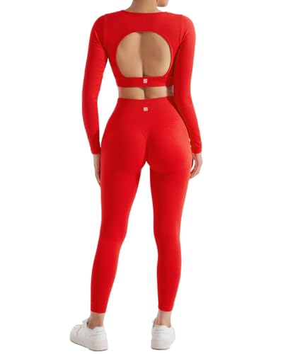 SUUKSESS Open Back Long Sleeve Scrunch Butt Booty Leggings Seamless Ribbed Workout Sets 2 Piece Outfits - Image 3
