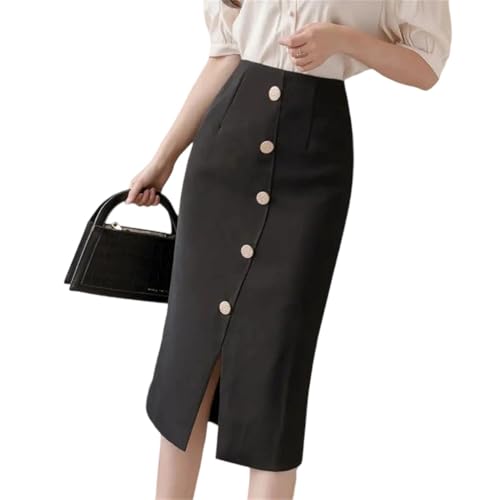 Women Korean Fashion High Waist Hip Skirt Versatile Office Mid-Length Buttoned Skirt