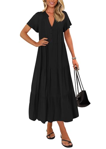 KIRUNDO Summer Maxi Dresses for Women 2025 Spring Fashion Short Sleeve Button V Neck Pleated Loose Tiered Swing Flowy Dress(Black, Small)