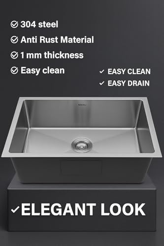 Image of NIRALI Kitchen Sink 24 inch x 20 inch Square 304 Stainless Steel | Single bowl Sink Round Coupling | Rust & Stain Resistant | Matt Finish | Minimizes Sound Molly Square Sink (SS-304) (24 inch x 20 inch x 8 inch)