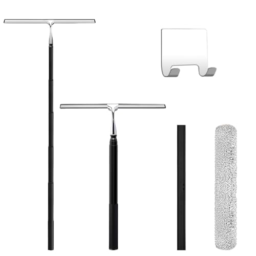 Squeegee for Shower Glass,Shower Squeegee for Glass Doors,Telescopic Window Squeegee for High Windows,Includes Towel Sleeves,Replacement Silicone Blade&Hooks,2 in 1 Queegee for Window Cleaning Kit