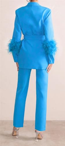 Womens Sexy 2 Pieces Feather Belted Blazer Jackets Bodycon Pants Party Clubwear Tracksuit Outfits Suit Set4