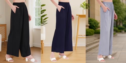 Image of Buy That Trendz Palazzo Pants for Women Rayon Elasticated Regular Fit Flared Wide Leg M to 6XL Pack of 3