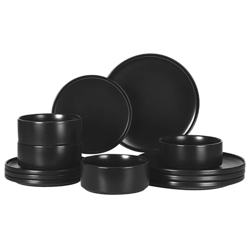 GZG Ceramic Dinnerware Set for 4,12 Piece Modern Style Stoneware Set,Microwave and Dishwasher Safe Plate and Bowl,Scratch Resistant Stackable(Matte Black,Set(12PCS))