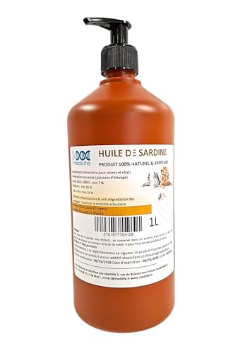 1L Huile de Sardine 100% Naturelle pour Chiens, Chats et Chevaux, Très Riche en Oméga 3-6-9 et Vitamines E | Fabriqué en UE