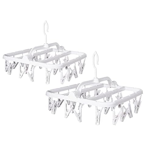 Annaklin Foldable Plastic Hangers with 26 Drying Clips, Underwear Hanger with Clips, Plastic Laundry Clip and Drip Drying Hanger for Socks, Bras, Lingerie, Clothes, Sturdy, White, 2pc Cover