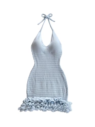 Image of GORGLITTER Women's Vacation Outfit Crochet Halter Knit Bubble Mini Dress Sexy Beach Cruise Summer Miami Resort Outfits