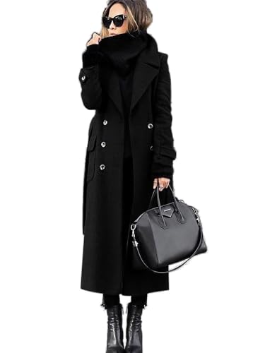 Lawawa Wollmantel Damen Lang Winterjacke Klassischem Wintercoat Revers Trenchcoat Zweireiher Elegant Jacke Herbst Winter Outwear