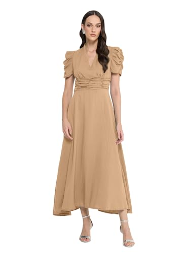 Image of Sugathari Women Women's V-Neck Maxi Dress, A-Line Style, Puff Sleeves, Cinched Waist 246