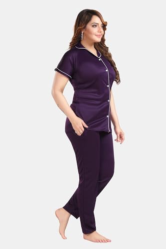 Image of Fabme Women's Satin Collor Night Suit - Top and Pyjama Set