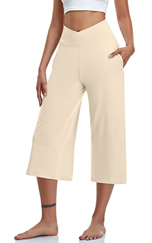 Image of TARSE Womens Casual Wide Leg Yoga Capris Crossover High Waist Capri Pants Loose Soft Pajama Pockets Sweatpants
