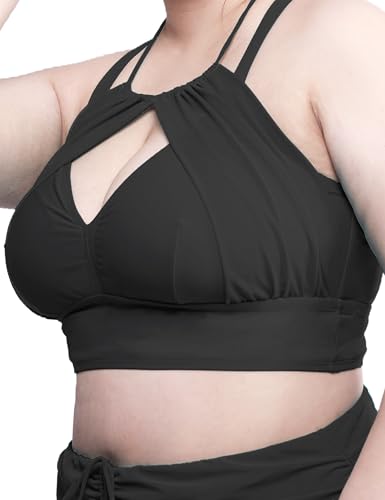Women Plus Size Bikini Top Modest Flowy Mesh Halter Swim Tops Push Up Bathing Suit Top Only 20254