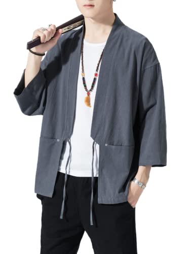 Image of Men's Japanese Kimono Cardigan Loose Cotton Linen 3 /4 Sleeve Open Front Casual Summer Shirt Jackets