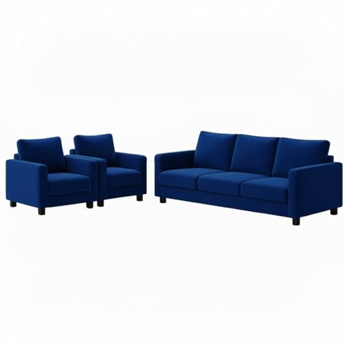 Image of FURNY Haster 5 Seater Premium Velvet Fabric 3+1+1 Sofa Set (Dark Blue) Durable & Comfortable Ideal for Living Room