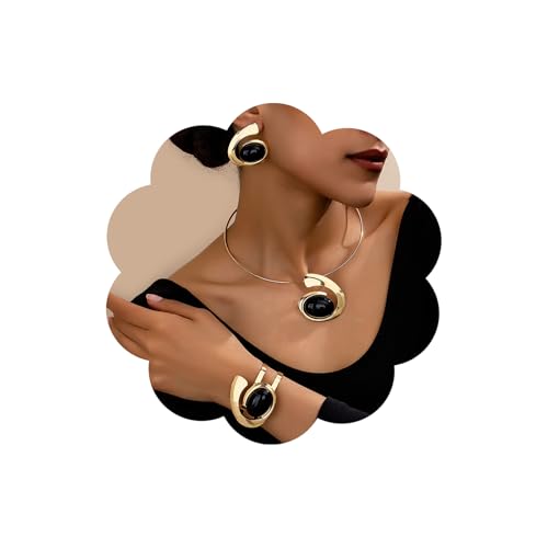 XIAOMOJEW Chunky Gold Necklace Bracelet Earrings Set for Women Vintage Oval Crystal Necklace Earrings Open Cuff Bangle Statement Boho Jewelry Set (Black)