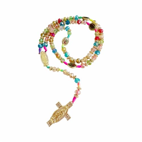 BONITTER Mexican Virgin Mary necklace, Guadalupe Crucifix Wall Cross Rosary Beaded Necklace Saint Jude Protective Blessing Pendant,Catholic Saint Benedict Medal Handmade jewelry Gift for Men Women (Virgin Mary Cross)