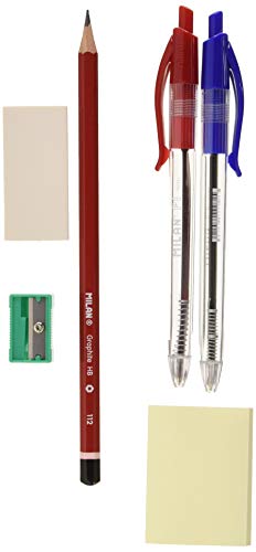Milan BYM80064 - Blíster con bolígrafo, lápiz grafito, goma, sacapuntas y notas adhesivas, color azul y rojo