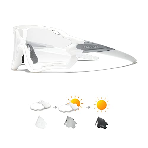KINGSEVEN Vélo Lunettes pour Hommes Femmes Vélo Sports VTT Vélo De Route Lunettes De Soleil Lentilles Photochromiques LS-911 (Blanc photochromique) Cover