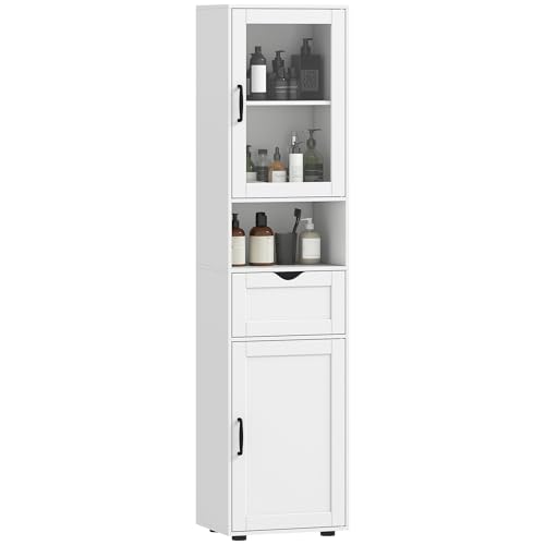 HOMCOM Armario de Baño Alto, Mueble Auxiliar de Baño con Puerta de Vidrio, Estantes Ajustables, Cajón, Estante Abierto, Columna Estrecha para Espacios Pequeños, 40x30x165 cm, Blanco
