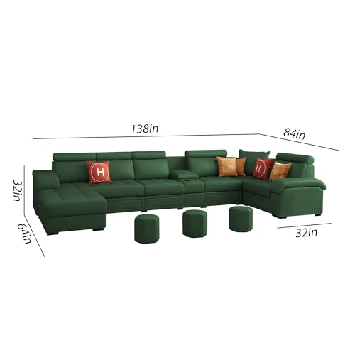 Image of Casaliving Emerson Modern U-Shaped Sectional Sofa Set 9 Seater, Sofa Couch with 3 Puffy for Hall (Green Colour) Premium Leatherette Fabric Sofa